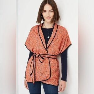 J Jill Women's Quilted Ruana Kimono Belted Jacket S/L Orange Paisley Cottagecore